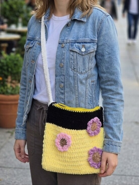 Handbags - Handmade Yellow & Black Crochet Crossbody Bag with Floral Appliqué